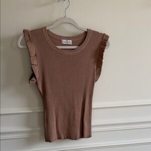 Ruffled Sleeve Ribbed Tan Top
